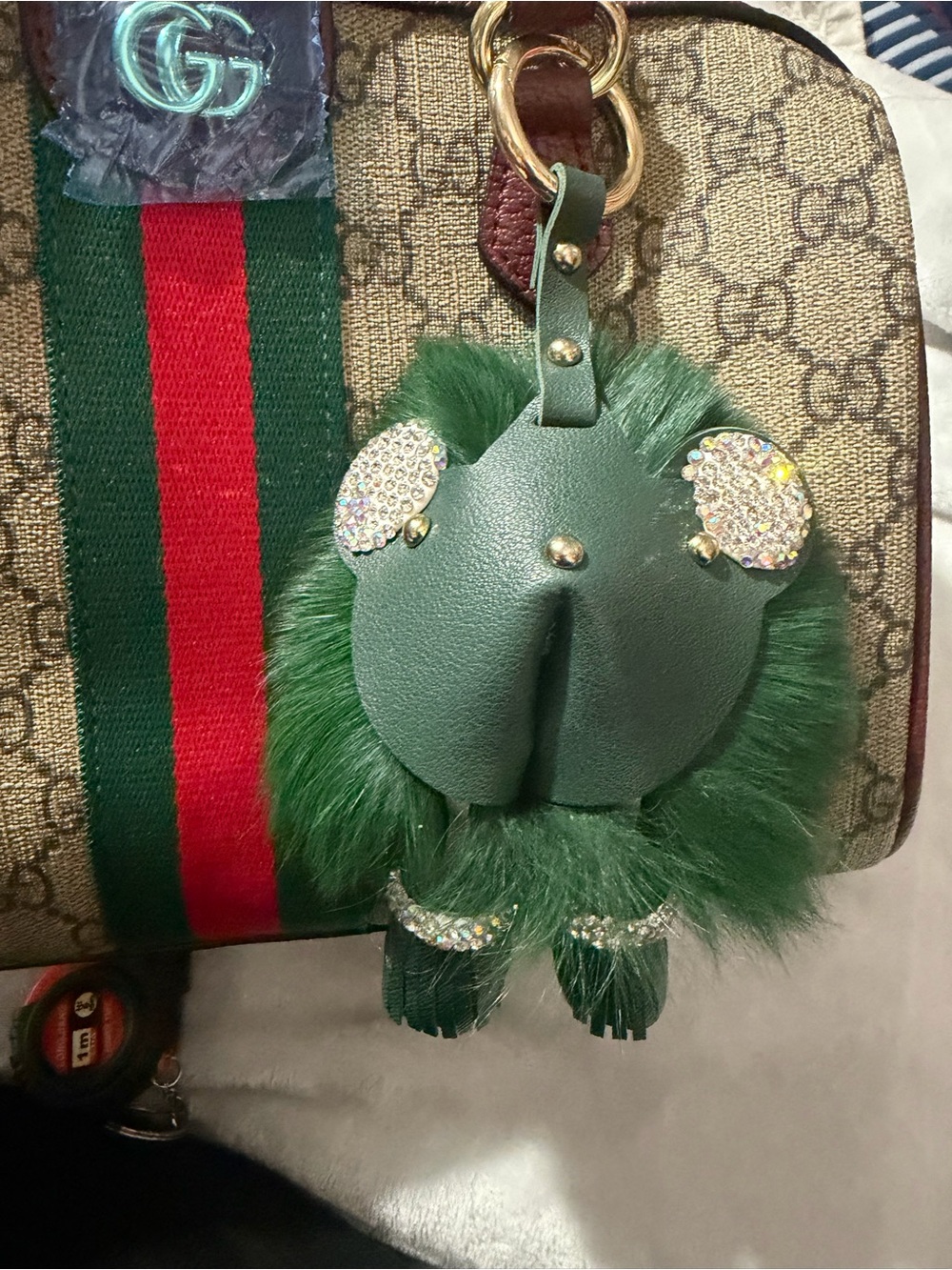 Green Inspired Plush Bag Charm Keychain W/ Rhinestones